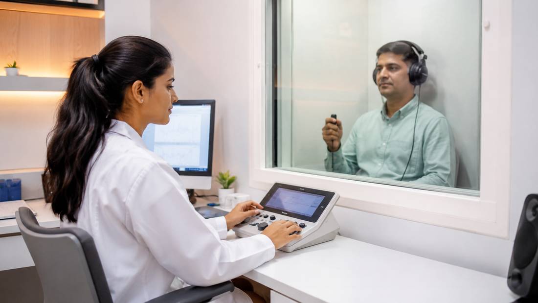 Audiologist conducting a pure tone audiometry test in a soundproof booth