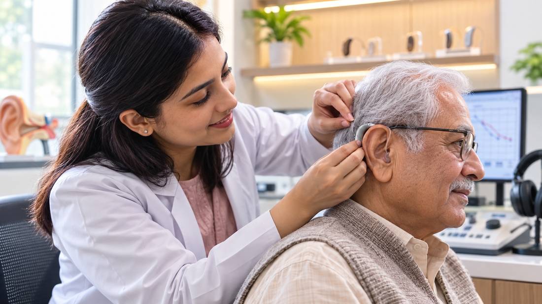 Audiologist fitting a hearing aid for an elderly patient