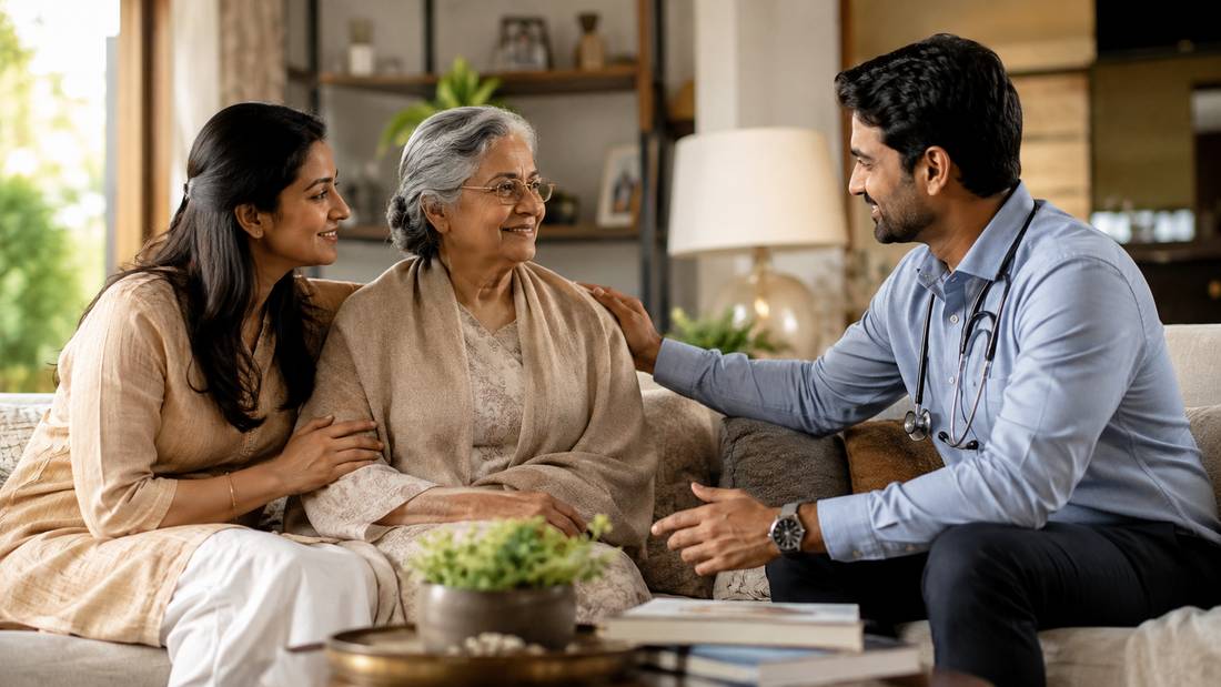 Doctor providing healthcare at a patient's home with family present