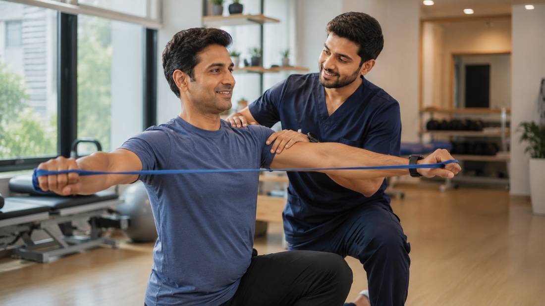 Physiotherapist guiding a patient through a resistance band exercise
