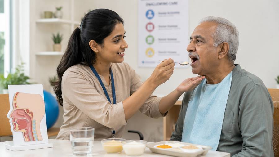 Swallowing therapy session with an elderly patient